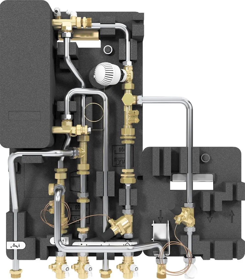 Wärmeverteilungsstation mit mehreren Rohren und Ventilen, vermutlich von Bosch. Konstruktion für den Einsatz in Heizsystemen, ungemischt und unterputz designed.